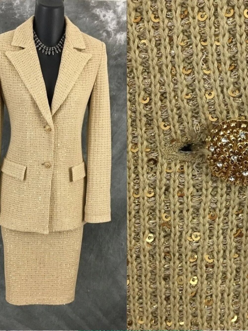 BEAUTIFUL St John gold shimmer embellished skirt suit size 4 6